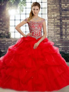 Red Sleeveless Tulle Brush Train Lace Up Quinceanera Gowns for Military Ball and Sweet 16 and Quinceanera