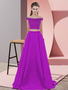Vintage Purple Two Pieces Off The Shoulder Sleeveless Elastic Woven Satin Sweep Train Backless Beading Evening Dress