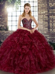 Ideal Burgundy Sleeveless Beading and Ruffles Floor Length Quince Ball Gowns