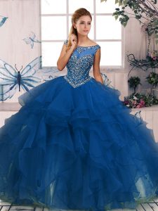 Floor Length Blue 15 Quinceanera Dress Scoop Sleeveless Zipper