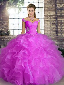Lilac Off The Shoulder Neckline Beading and Ruffles Sweet 16 Dress Sleeveless Lace Up