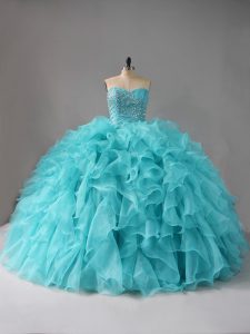 Noble Aqua Blue Lace Up Sweetheart Beading and Ruffles Quinceanera Dresses Organza Sleeveless