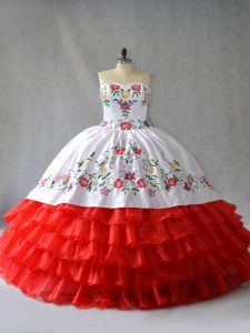 Floor Length White And Red Quinceanera Dress Organza Sleeveless Embroidery and Ruffled Layers