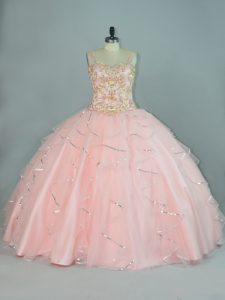 Pretty Peach Ball Gowns Straps Sleeveless Tulle Floor Length Lace Up Beading and Ruffles Sweet 16 Dresses