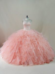 Modern Peach 15th Birthday Dress Sweet 16 and Quinceanera with Beading and Ruffles Scoop Sleeveless Lace Up