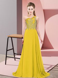 Fancy Gold Chiffon Side Zipper One Shoulder Sleeveless Floor Length Prom Dress Beading