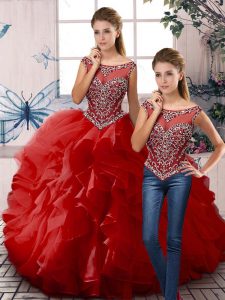 Glittering Floor Length Ball Gowns Sleeveless Red 15 Quinceanera Dress Zipper