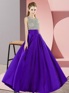 Fashion Empire Prom Dresses Purple Scoop Elastic Woven Satin Sleeveless Floor Length Backless
