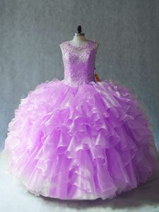 Fitting Lilac Lace Up Scoop Beading and Ruffles Quinceanera Dresses Organza Sleeveless