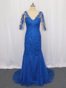 Brush Train Mermaid Evening Outfits Blue Scoop Tulle 3 4 Length Sleeve Zipper