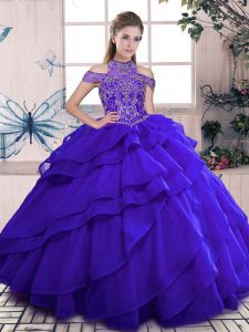 Smart Sleeveless Floor Length Beading and Ruffles Lace Up Sweet 16 Dresses with Blue