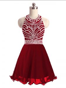 Fashionable Wine Red Sleeveless Mini Length Beading Lace Up