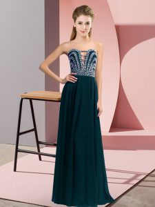 Pretty Teal Sleeveless Floor Length Beading Lace Up Prom Dress