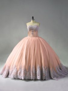 Admirable Peach Ball Gowns Sweetheart Sleeveless Tulle Court Train Lace Up Beading and Appliques Quinceanera Gowns
