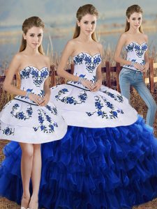 Sweetheart Sleeveless Quinceanera Dress Floor Length Embroidery and Ruffled Layers and Bowknot Royal Blue Organza