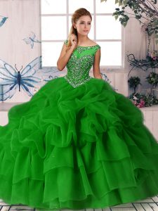 Classical Scoop Sleeveless Organza Ball Gown Prom Dress Beading and Pick Ups Brush Train Zipper