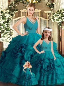 Teal Sleeveless Organza Brush Train Backless Ball Gown Prom Dress for Sweet 16 and Quinceanera