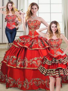 Sleeveless Floor Length Embroidery and Ruffled Layers Lace Up Quinceanera Gowns with Red