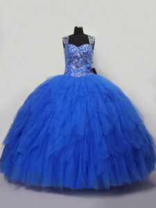 Blue Straps Neckline Beading and Ruffles Quinceanera Gowns Sleeveless Lace Up