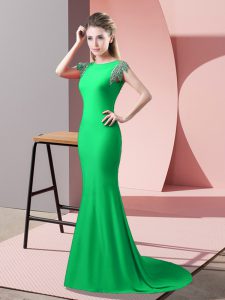 Glamorous Green Prom Gown Prom and Party with Beading High-neck Short Sleeves Brush Train Backless