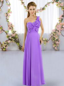 Trendy Lavender Lace Up One Shoulder Sleeveless Floor Length Quinceanera Dama Dress Hand Made Flower