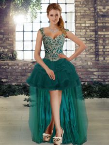 Dark Green Tulle Lace Up Straps Sleeveless High Low Homecoming Dress Beading and Ruffles