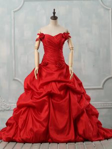Red Ball Gowns Taffeta Off The Shoulder Sleeveless Pick Ups and Hand Made Flower Lace Up Quince Ball Gowns Court Train
