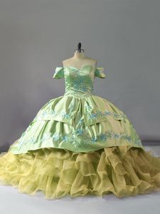 Ball Gowns Sleeveless Yellow Green Quinceanera Dresses Chapel Train Lace Up