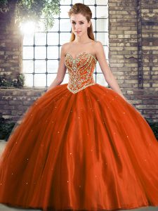 Rust Red Tulle Lace Up Quinceanera Dress Sleeveless Brush Train Beading