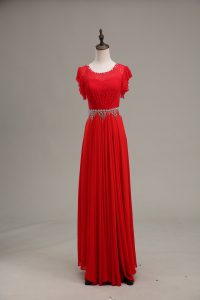 Red Chiffon Zipper Scoop Sleeveless Floor Length Beading and Lace