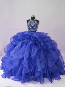 Floor Length Royal Blue 15th Birthday Dress Scoop Sleeveless Backless