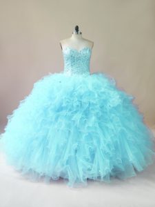 Sleeveless Floor Length Beading and Ruffles Lace Up Quinceanera Dress with Aqua Blue