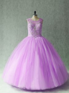 Lilac Ball Gowns Tulle Scoop Sleeveless Beading Floor Length Lace Up Quince Ball Gowns