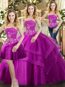 Great Fuchsia Sleeveless Beading and Ruffled Layers Floor Length 15 Quinceanera Dress