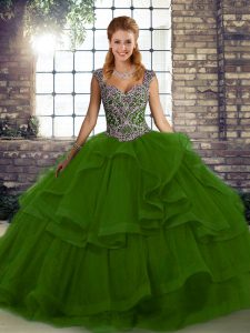 Modern Green Ball Gowns Beading and Ruffles Quinceanera Dresses Lace Up Tulle Sleeveless Floor Length