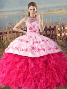 Enchanting Sleeveless Embroidery and Ruffles Lace Up Ball Gown Prom Dress with Hot Pink Court Train