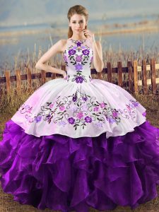 Luxurious White And Purple Ball Gowns Organza Halter Top Sleeveless Embroidery and Ruffles Floor Length Lace Up Quinceanera Dress