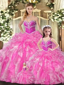 Custom Designed Floor Length Lace Up Vestidos de Quinceanera Rose Pink for Sweet 16 and Quinceanera with Beading and Ruffles