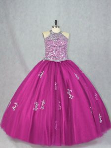 Fuchsia Lace Up Halter Top Beading and Appliques Quinceanera Dresses Tulle Sleeveless