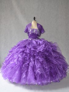 Purple Ball Gowns Taffeta Strapless Sleeveless Beading and Ruffles Floor Length Lace Up 15th Birthday Dress