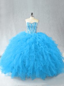 Sleeveless Tulle Floor Length Lace Up Quinceanera Gown in Baby Blue with Beading and Ruffles