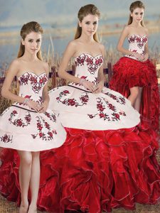 New Arrival Sweetheart Sleeveless Lace Up Sweet 16 Quinceanera Dress White And Red Organza