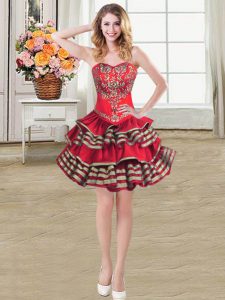 Low Price Sweetheart Sleeveless Prom Gown Mini Length Embroidery and Ruffled Layers Wine Red Taffeta