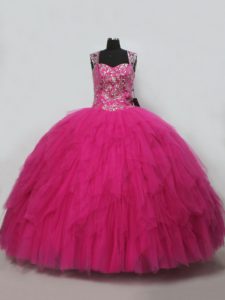 Top Selling Hot Pink Sweet 16 Quinceanera Dress Tulle Sleeveless Beading and Ruffles