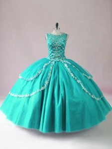 Romantic Turquoise Tulle Zipper Quince Ball Gowns Sleeveless Floor Length Beading