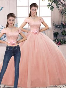 Pink Lace Up 15 Quinceanera Dress Lace and Hand Made Flower Short Sleeves Floor Length