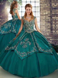 Teal Lace Up Quinceanera Dress Beading and Embroidery Sleeveless Floor Length