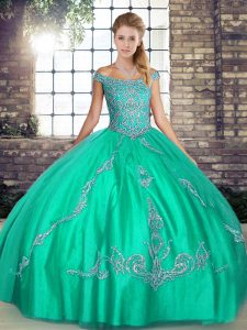 New Style Floor Length Turquoise Quinceanera Gown Off The Shoulder Sleeveless Lace Up