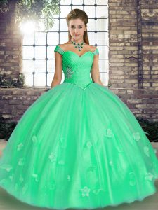 Popular Turquoise and Apple Green Sleeveless Tulle Lace Up Sweet 16 Dress for Military Ball and Sweet 16 and Quinceanera