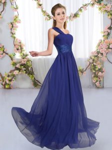 Best Royal Blue Lace Up One Shoulder Ruching Vestidos de Damas Chiffon Sleeveless